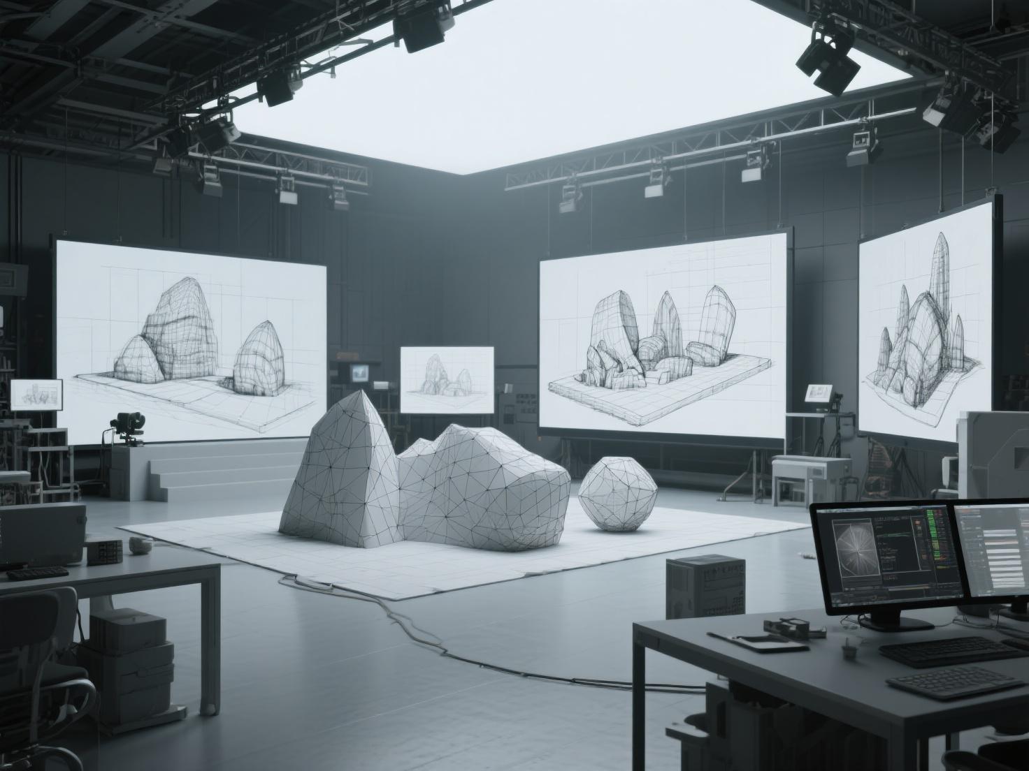Plateau de création avec décors sculptés et visualisations en trois dimensions
